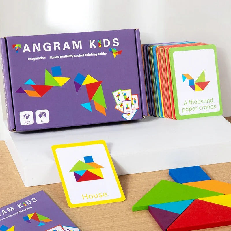 Kids 3D Shape Puzzle Board with colorful tangram pieces and design cards for educational play.