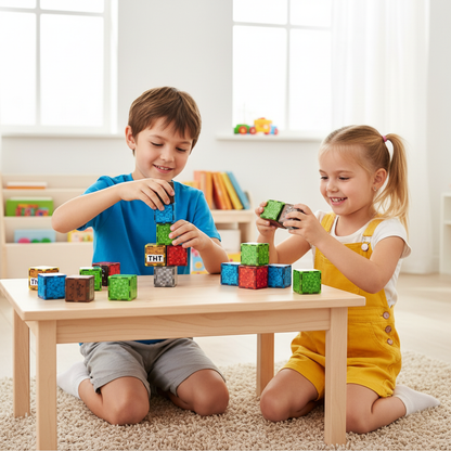 Children playing with Magnetic Building Blocks, constructing imaginative shapes and learning through creative play.