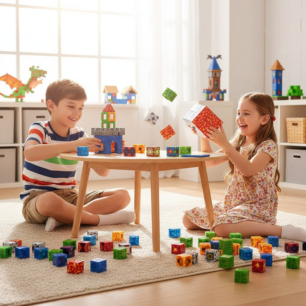 Two children playing with Magnetic Building Blocks at a table, creating structures with colorful pieces.