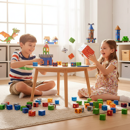 Two children playing with Magnetic Building Blocks at a table, creating structures with colorful pieces.