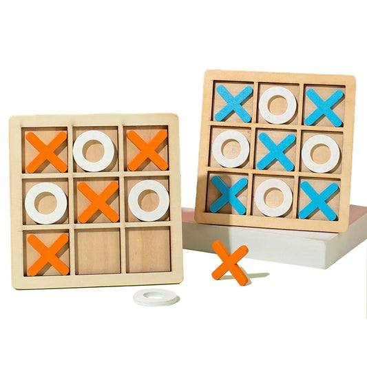 Interactive X-O Game Toy for Kids showcasing wooden X-O game boards with colorful pieces.