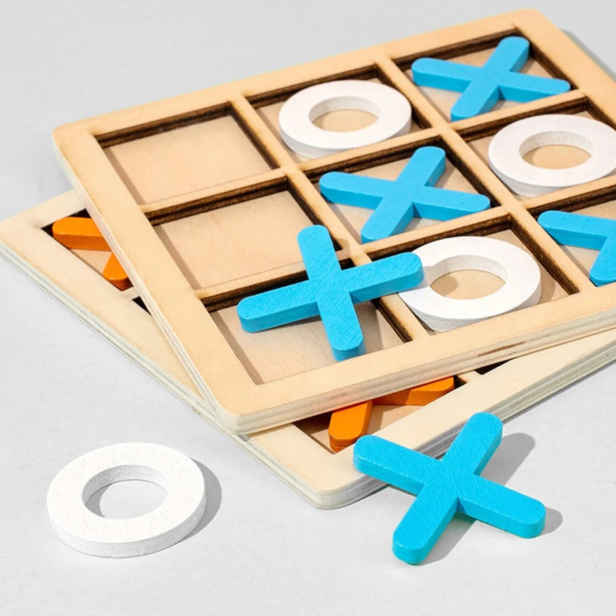 Interactive X-O Game Toy featuring wooden game board and colorful X and O pieces.