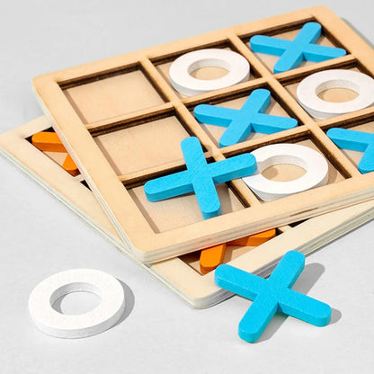 Interactive X-O Game Toy featuring wooden game board and colorful X and O pieces.