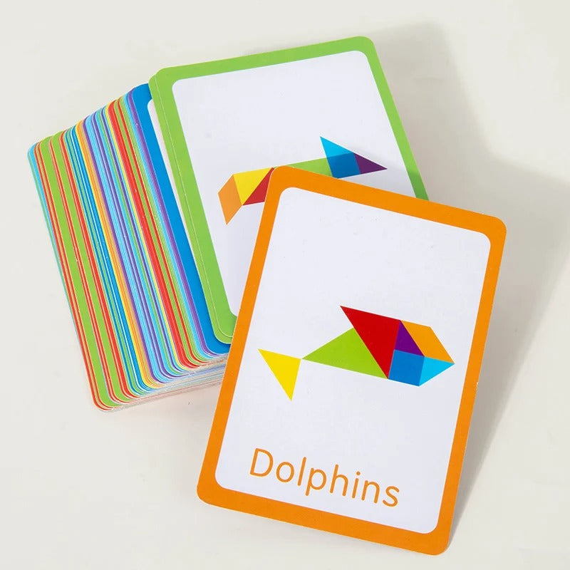 Kids 3D Shape Puzzle Board educational game cards featuring colorful dolphin shapes for learning.