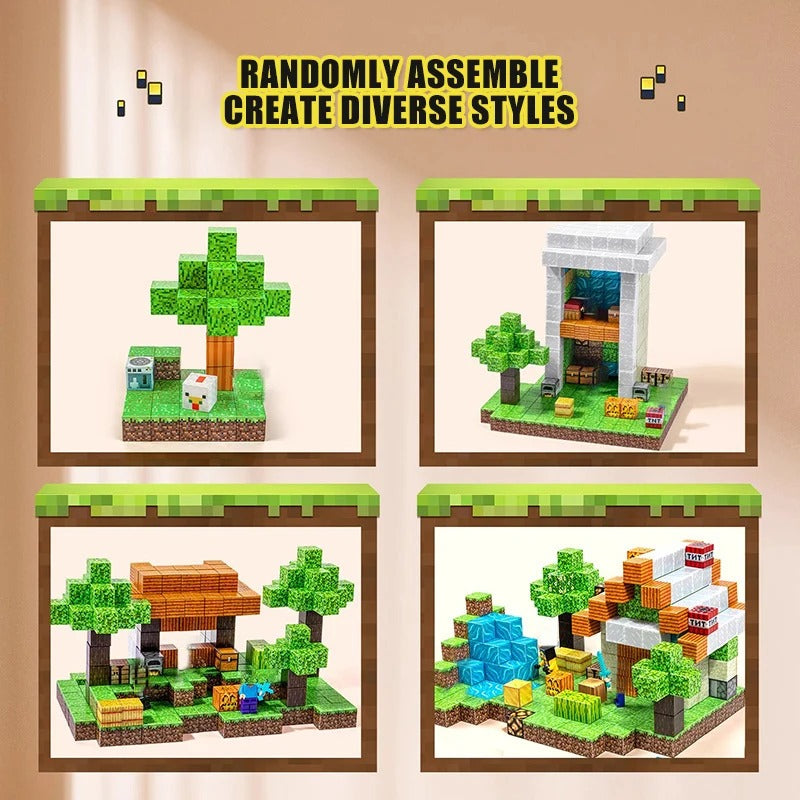 Magnetic Building Blocks set displayed with diverse styles and creative designs for kids, showcasing imaginative assembly.