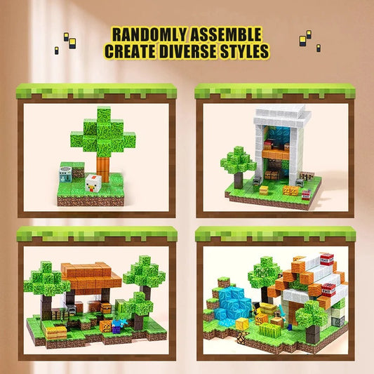 Magnetic Building Blocks set displayed with diverse styles and creative designs for kids, showcasing imaginative assembly.