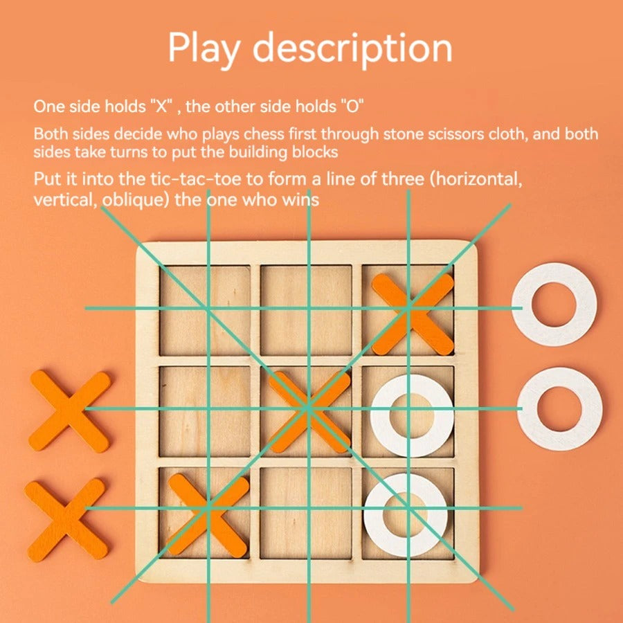 Interactive X-O Game Toy showing gameplay with X and O markers on a wooden board.