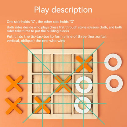 Interactive X-O Game Toy showing gameplay with X and O markers on a wooden board.