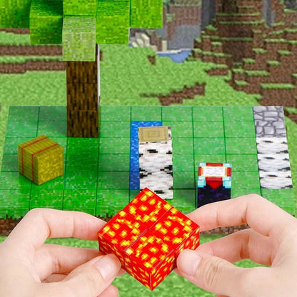 Kids playing with Magnetic Building Blocks, creating structures in a colorful environment.