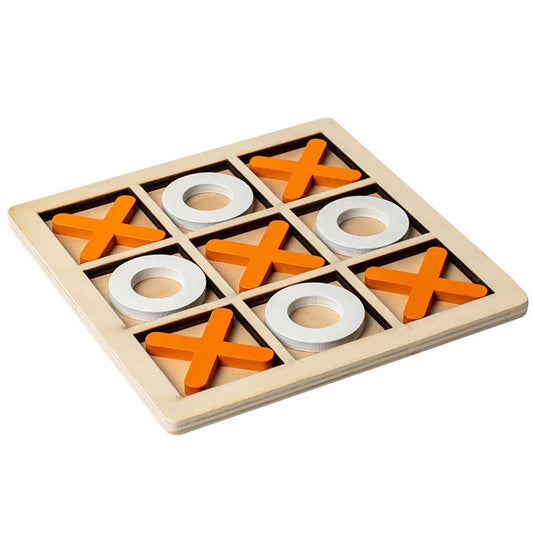 Interactive X-O Game Toy featuring a wooden board with orange and white X and O pieces.